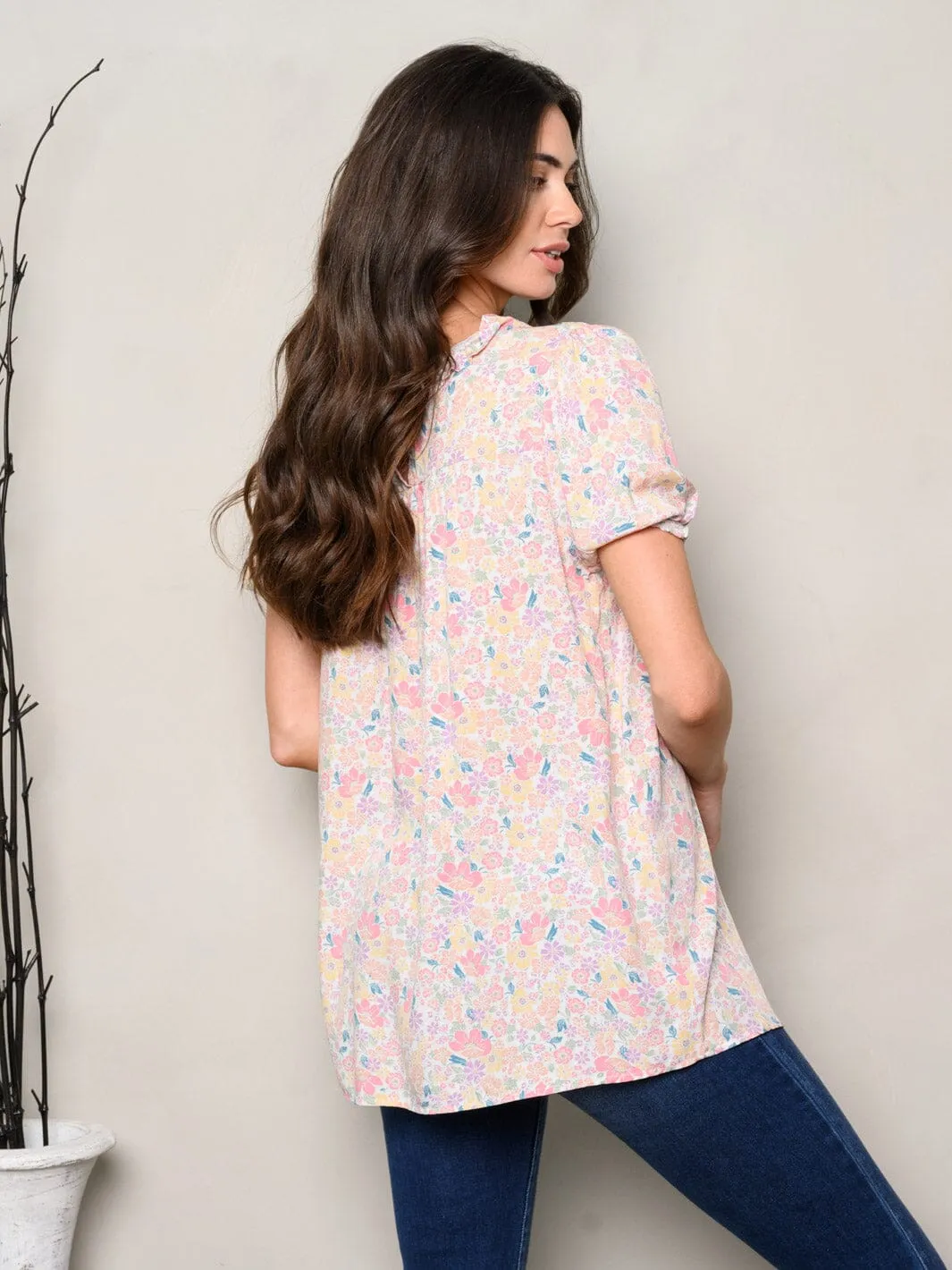 WOMEN'S SHORT SLEEVE RUFFLE FLORAL TUNIC TOP