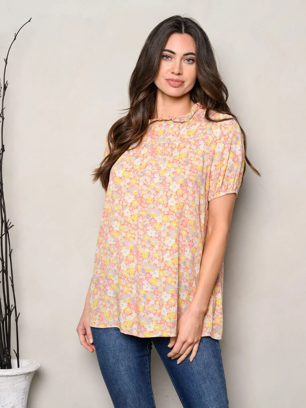 WOMEN'S SHORT SLEEVE RUFFLE FLORAL TUNIC TOP