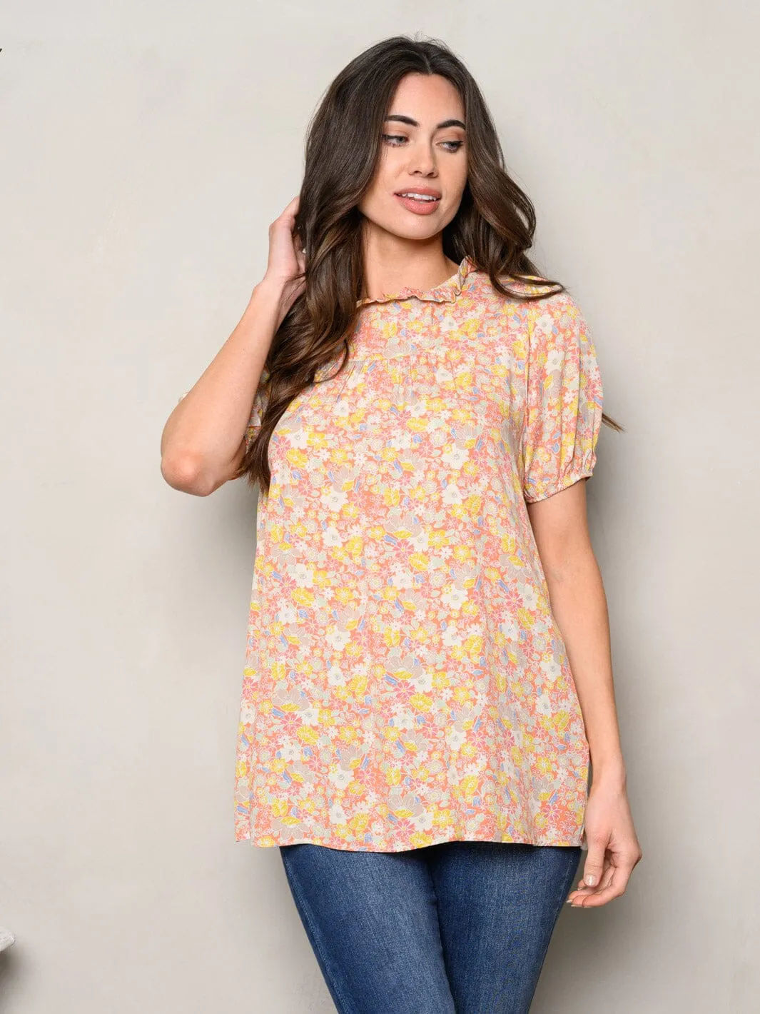 WOMEN'S SHORT SLEEVE RUFFLE FLORAL TUNIC TOP