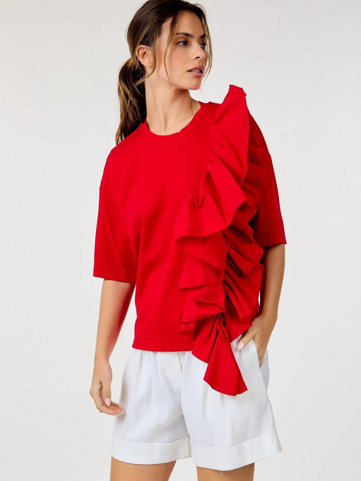 WOMEN'S SHORT SLEEVE RUFFLE FRONT DETAILED TOP