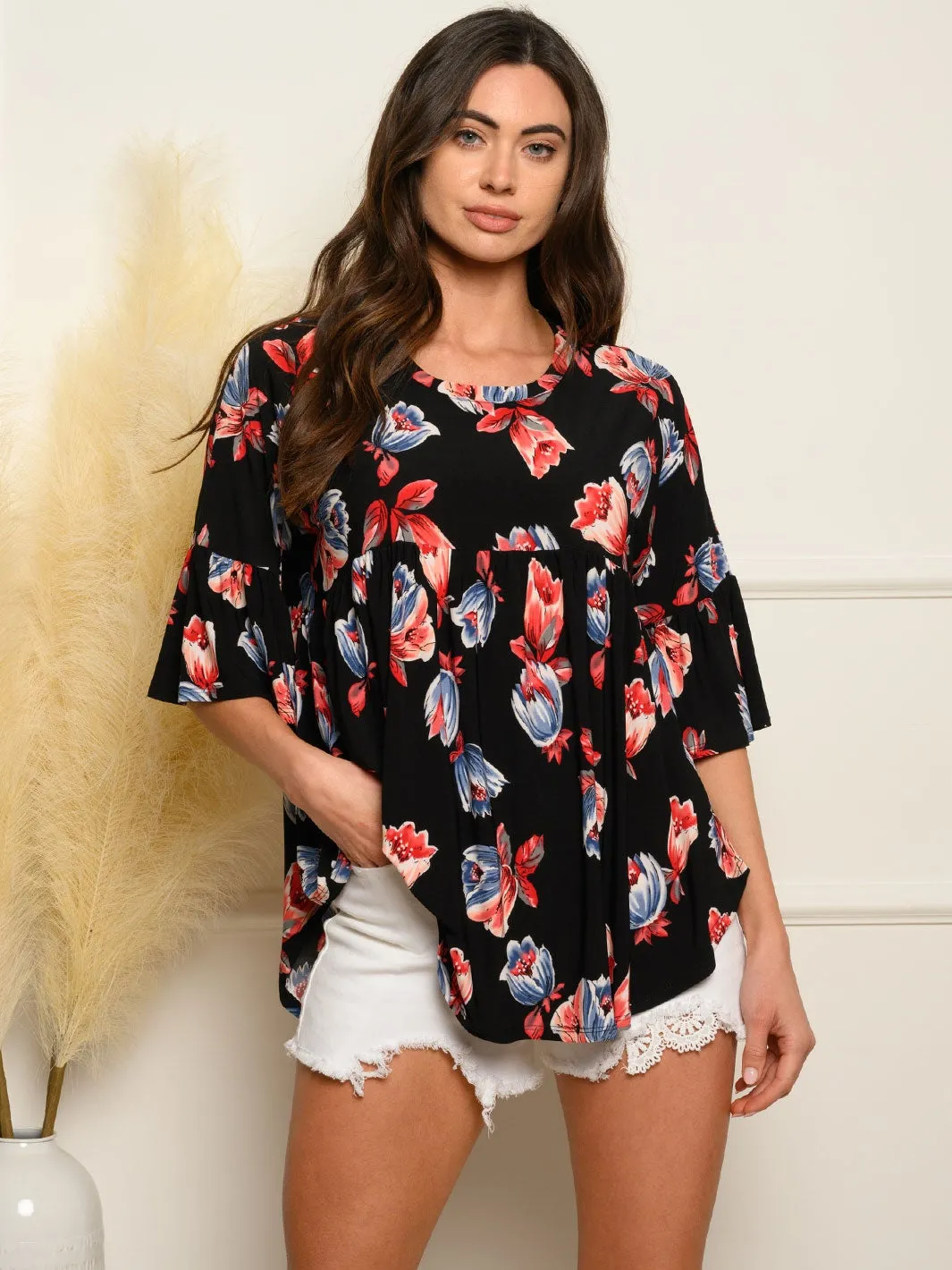 WOMEN'S SHORT SLEEVE TUNIC FLORAL TOP