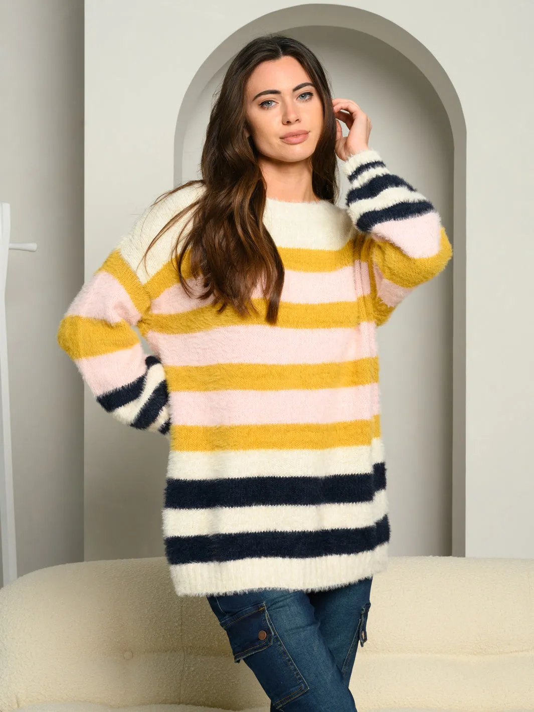 WOMEN'S SOFT FUZZY OVERSIZED COLOR BLOCK STRIPES SWEATER