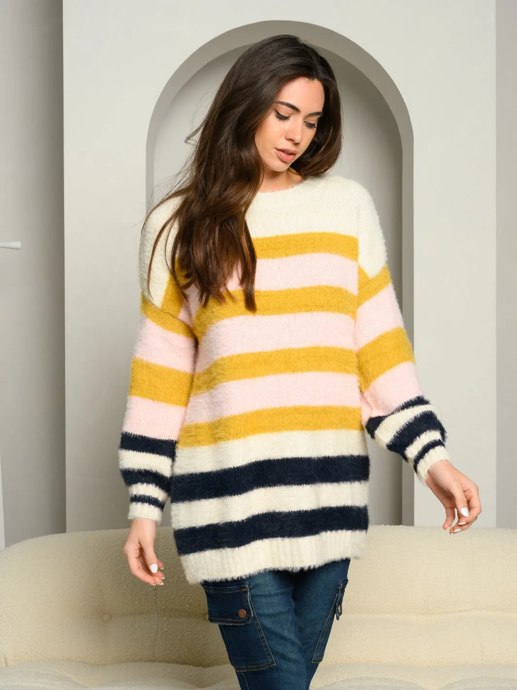 WOMEN'S SOFT FUZZY OVERSIZED COLOR BLOCK STRIPES SWEATER
