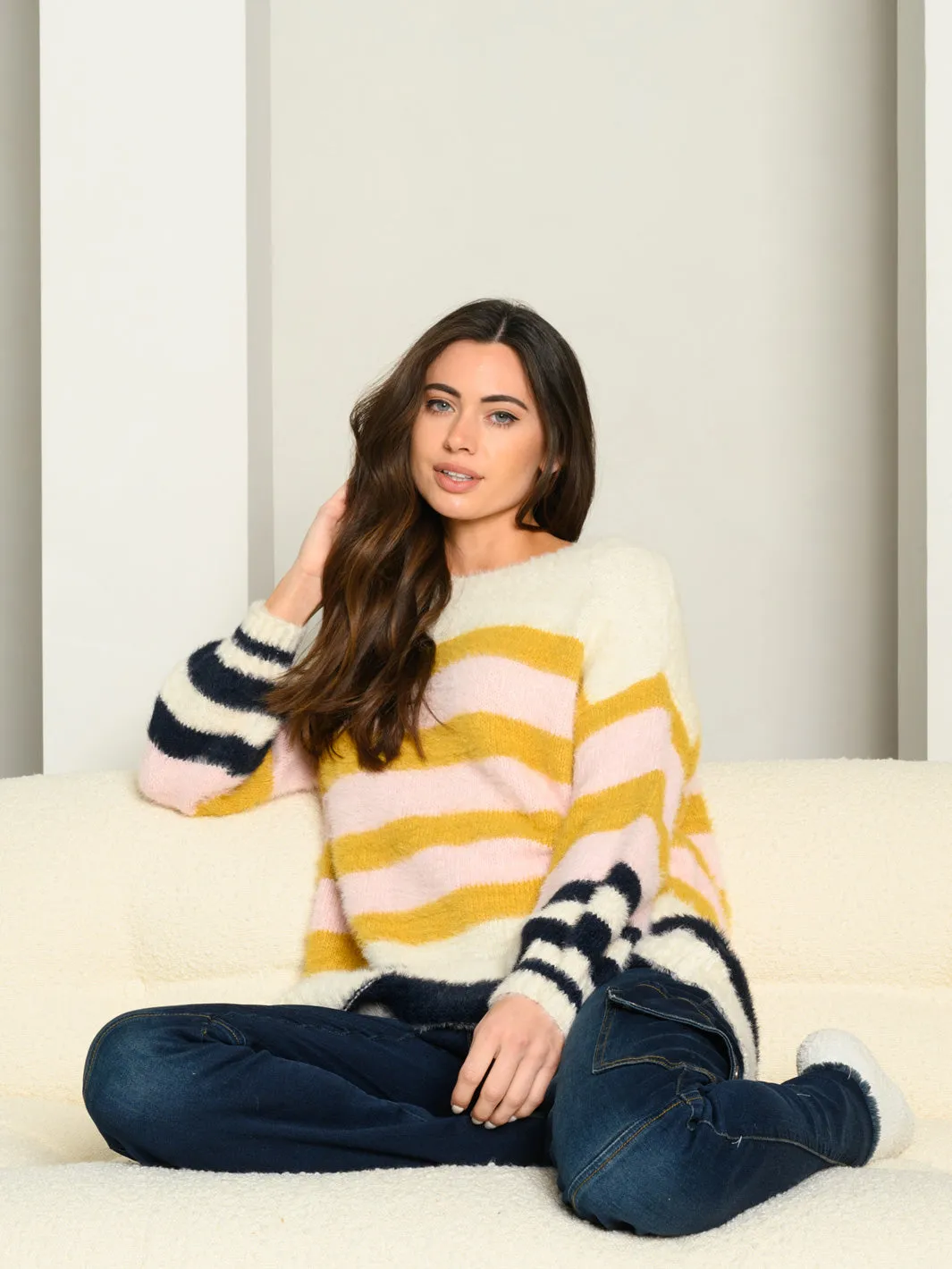 WOMEN'S SOFT FUZZY OVERSIZED COLOR BLOCK STRIPES SWEATER