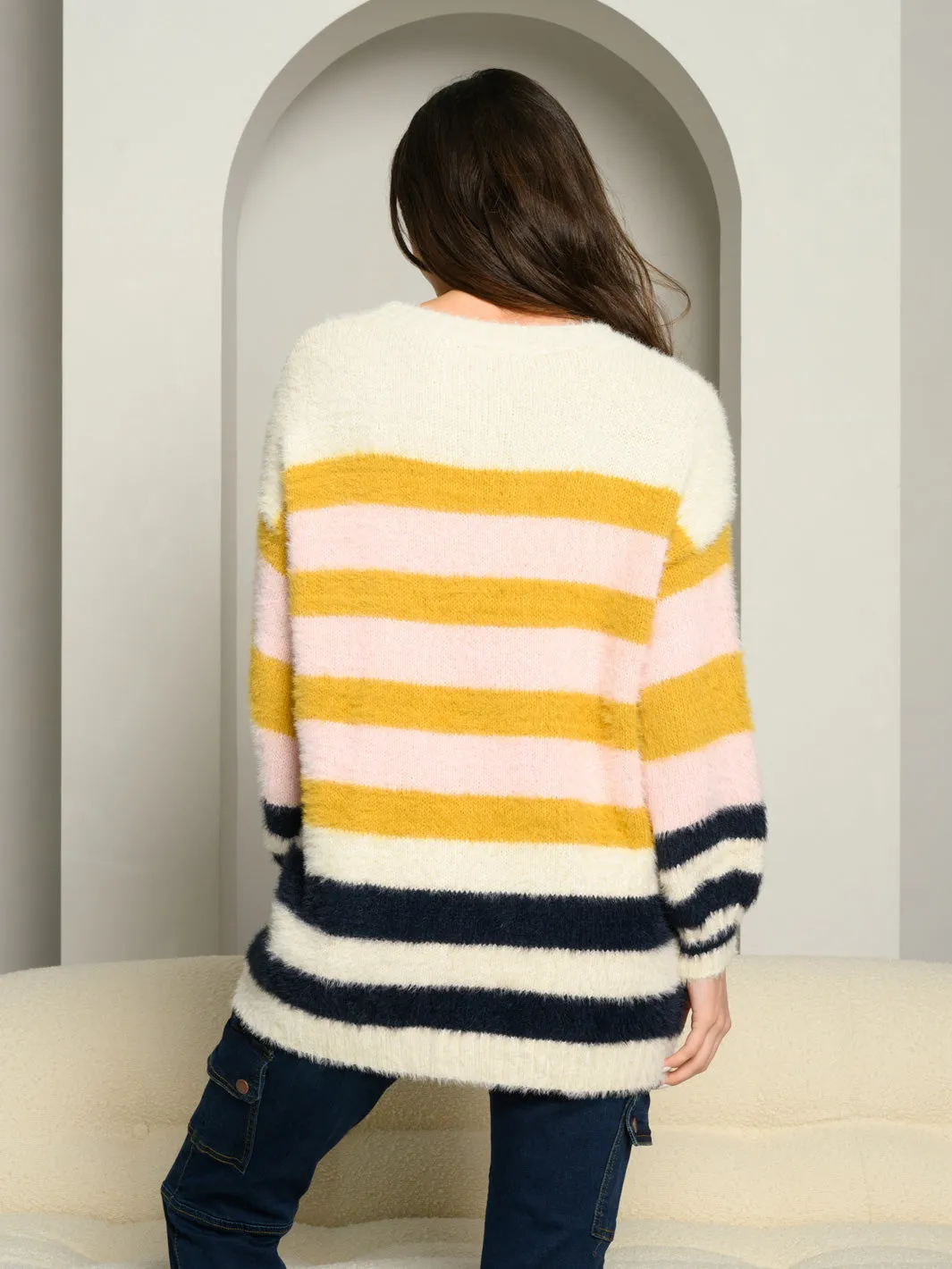 WOMEN'S SOFT FUZZY OVERSIZED COLOR BLOCK STRIPES SWEATER