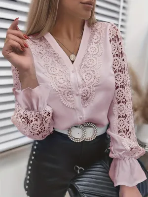 xieyinshe  Women's T-Shirt Ruffle Sleeve Solid V-neck Blouses