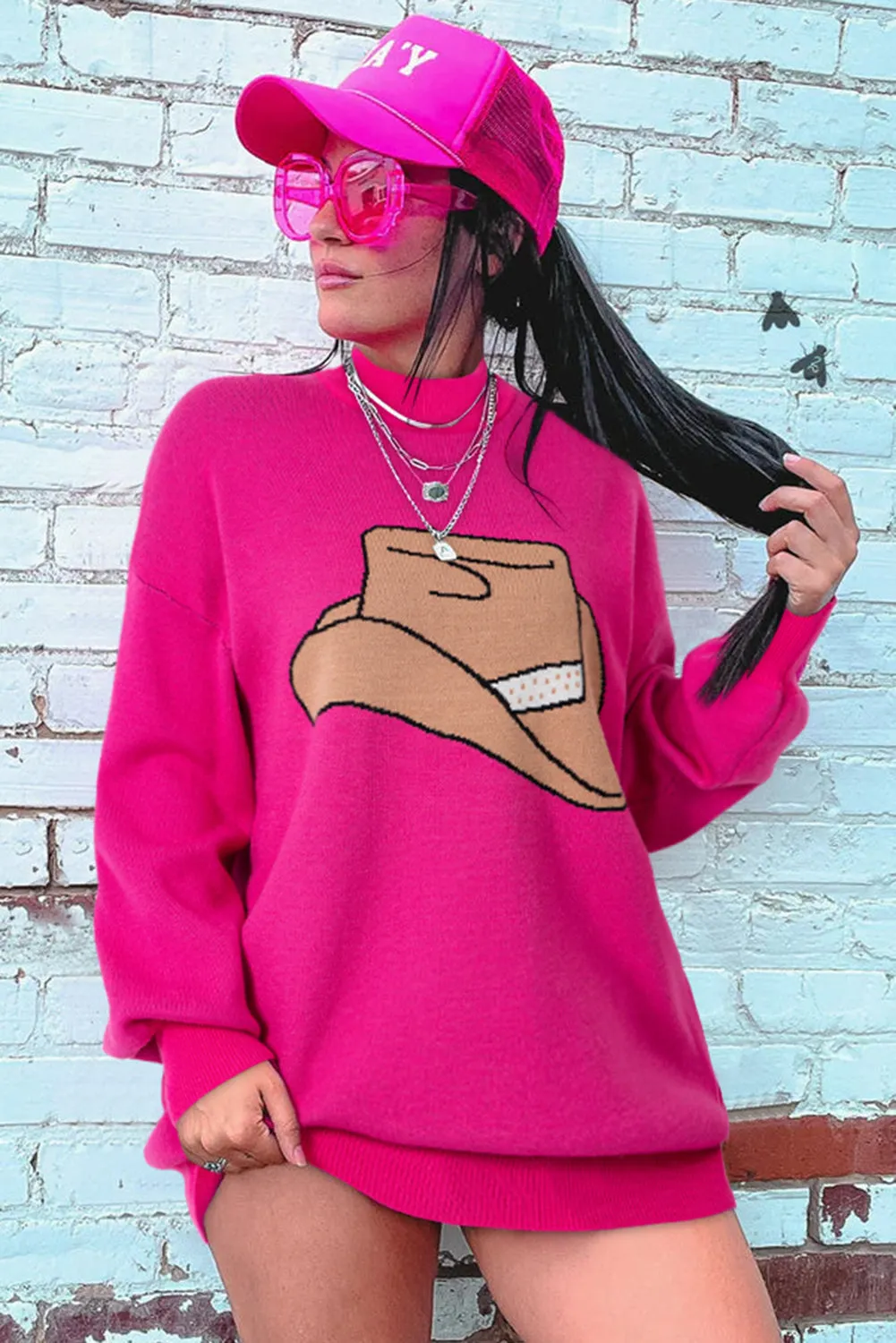 YEEHAW Cowboy Hat Drop Shoulder Oversized Sweater