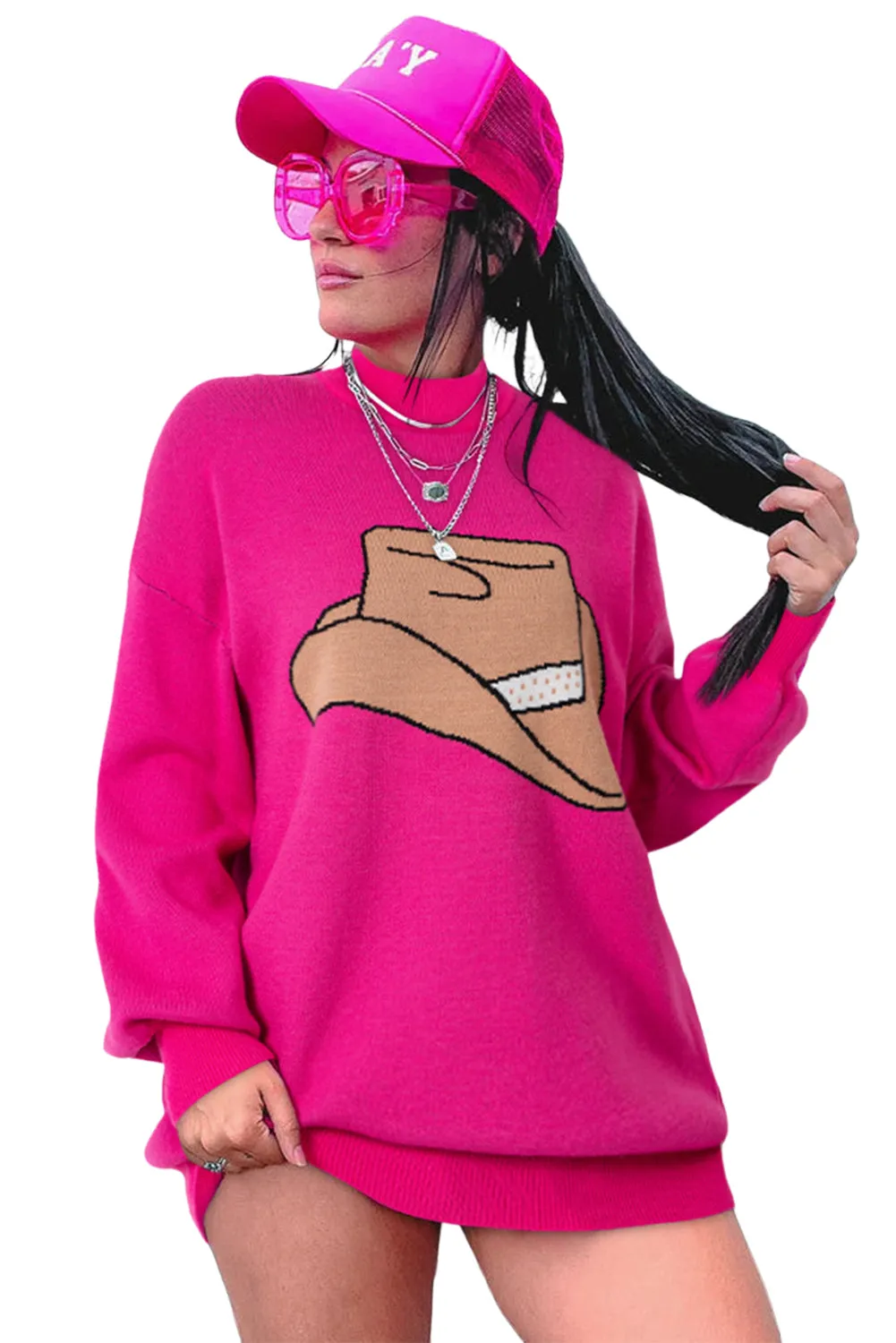 YEEHAW Cowboy Hat Drop Shoulder Oversized Sweater