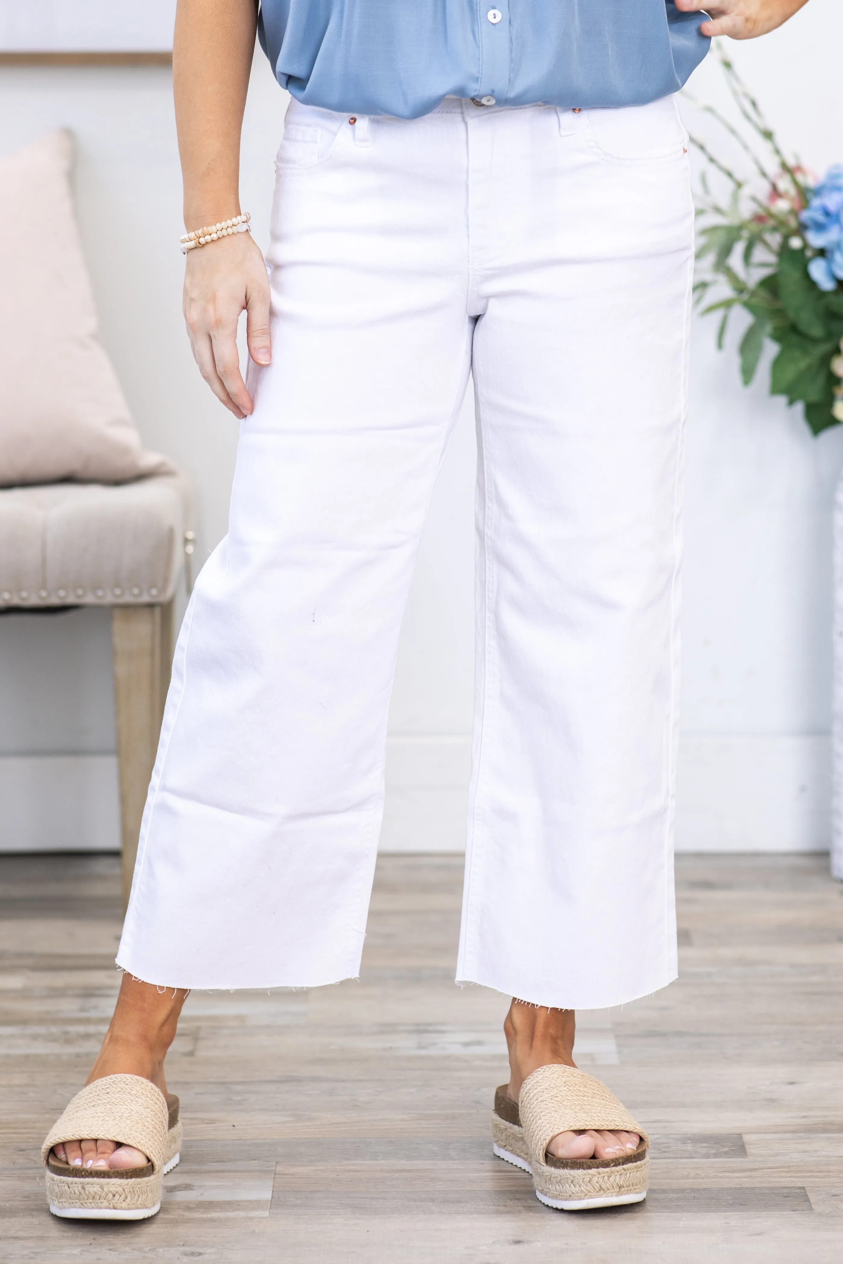 YMI White Mid Rise Cropped Wide Leg Jean