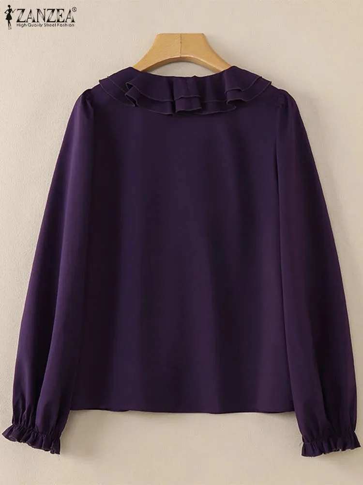 ZANZEA Elegant Women V Neck Long Sleeve Tunic Tops Office OL Blouse Stylish Flounce Work Shirt Spring Summer Blouses Oversize