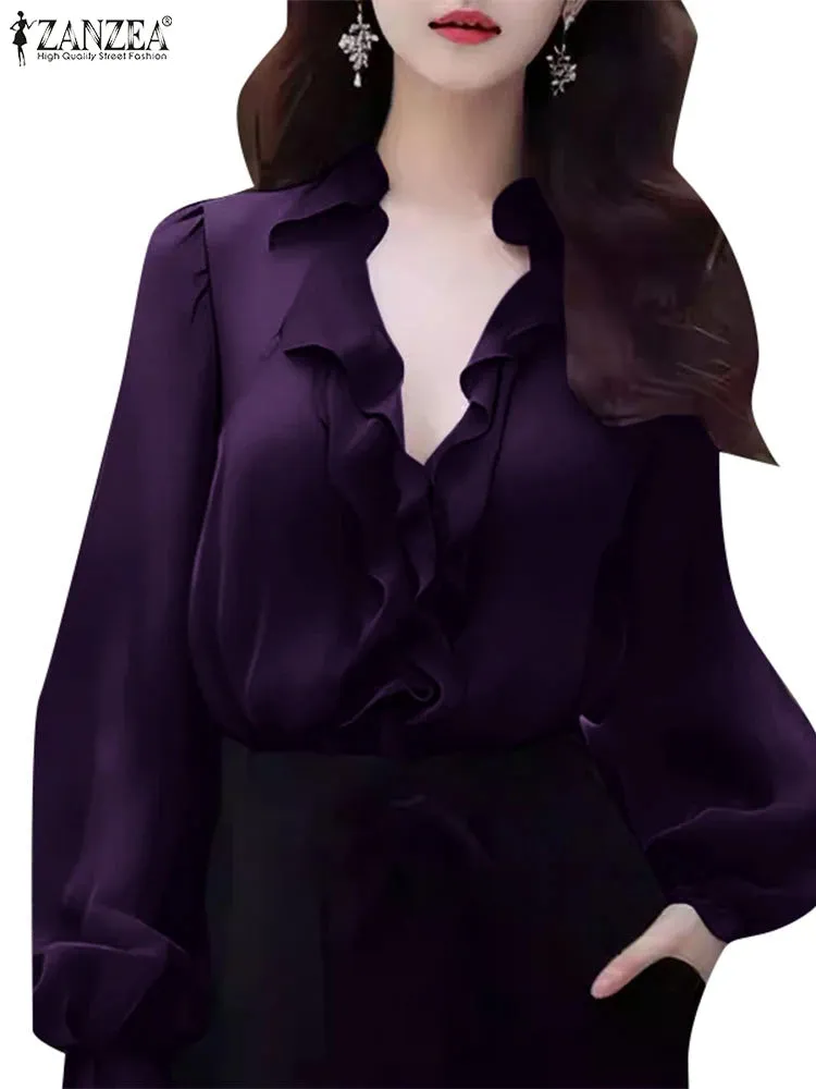 ZANZEA Elegant Women V Neck Long Sleeve Tunic Tops Office OL Blouse Stylish Flounce Work Shirt Spring Summer Blouses Oversize