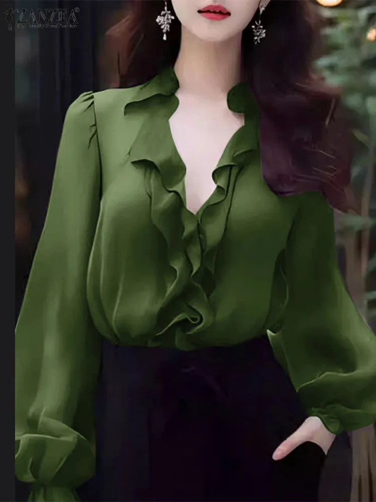 ZANZEA Elegant Women V Neck Long Sleeve Tunic Tops Office OL Blouse Stylish Flounce Work Shirt Spring Summer Blouses Oversize