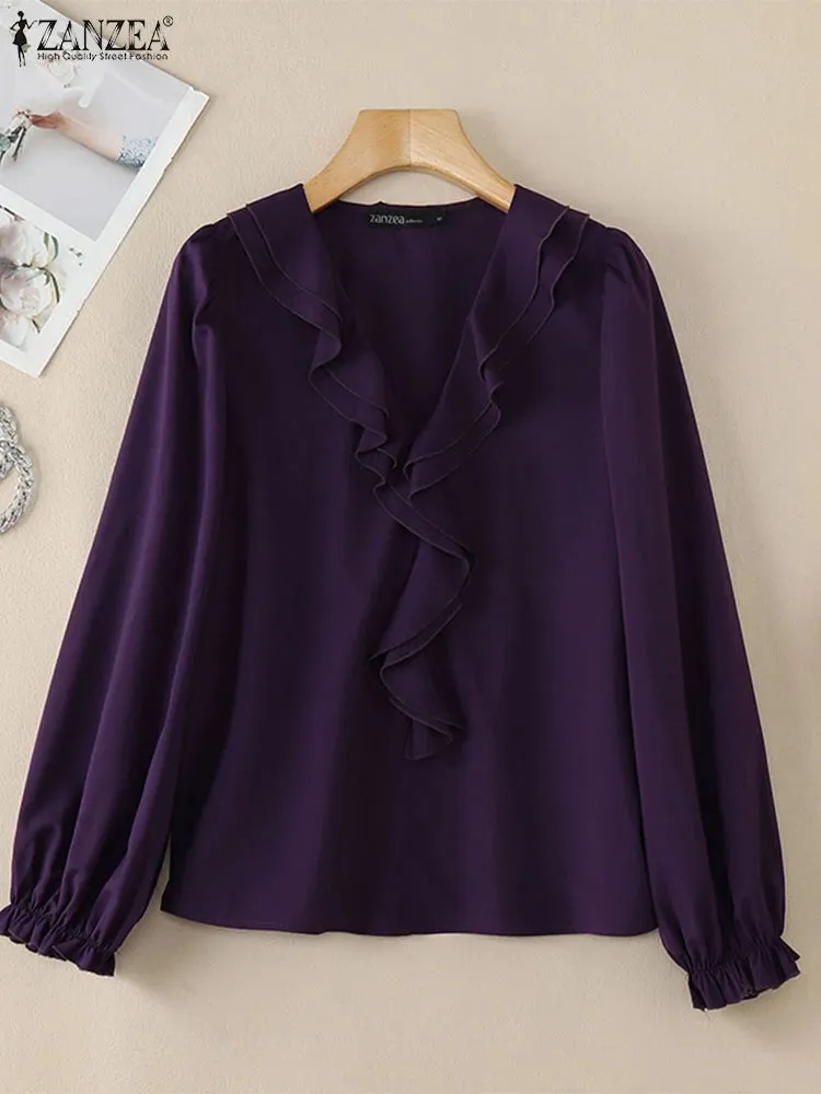 ZANZEA Elegant Women V Neck Long Sleeve Tunic Tops Office OL Blouse Stylish Flounce Work Shirt Spring Summer Blouses Oversize