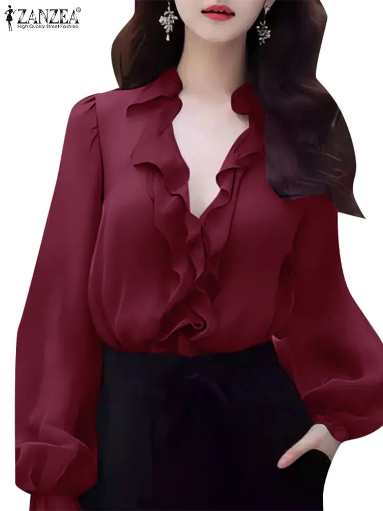 ZANZEA Elegant Women V Neck Long Sleeve Tunic Tops Office OL Blouse Stylish Flounce Work Shirt Spring Summer Blouses Oversize