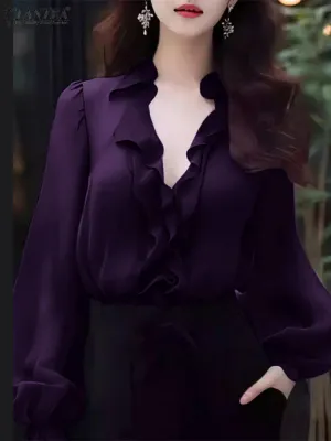 ZANZEA Elegant Women V Neck Long Sleeve Tunic Tops Office OL Blouse Stylish Flounce Work Shirt Spring Summer Blouses Oversize