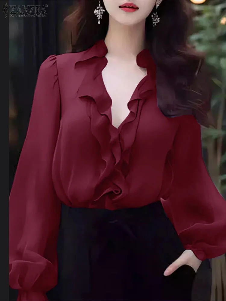 ZANZEA Elegant Women V Neck Long Sleeve Tunic Tops Office OL Blouse Stylish Flounce Work Shirt Spring Summer Blouses Oversize