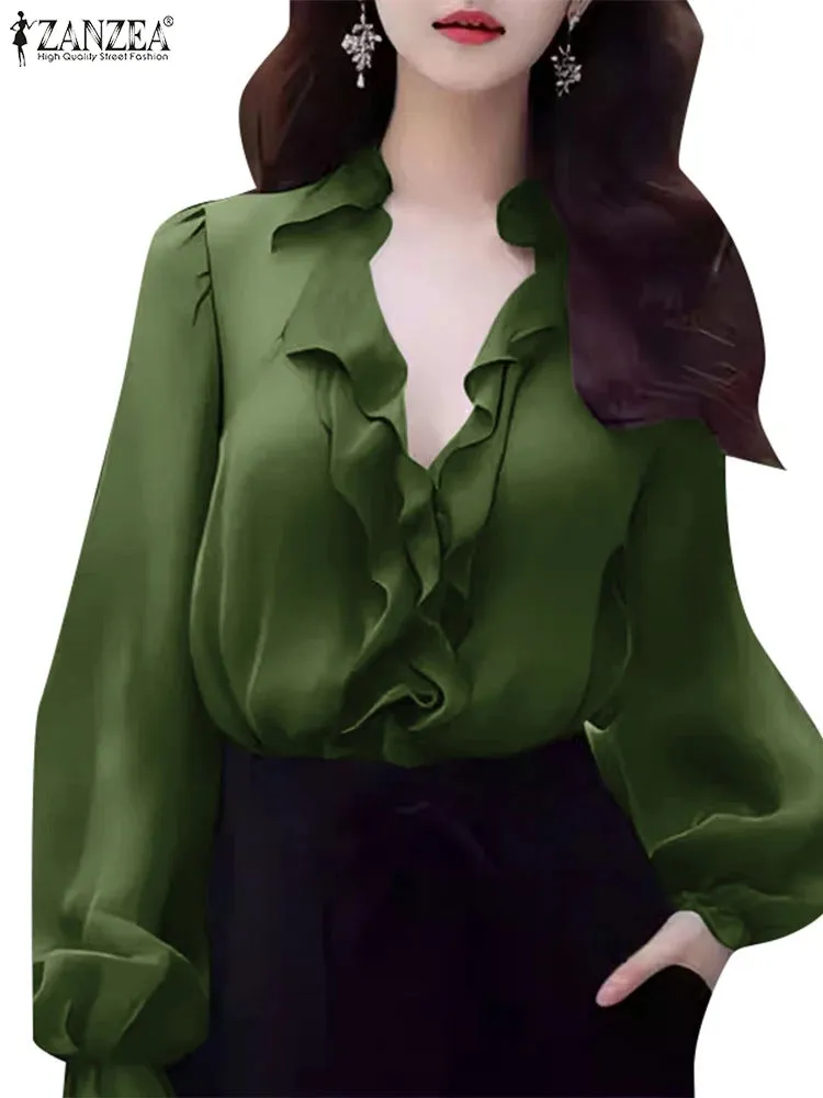 ZANZEA Elegant Women V Neck Long Sleeve Tunic Tops Office OL Blouse Stylish Flounce Work Shirt Spring Summer Blouses Oversize