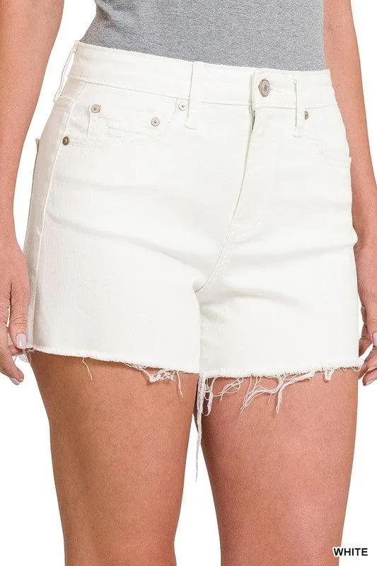 Zenana Raw Hem White Denim Shorts