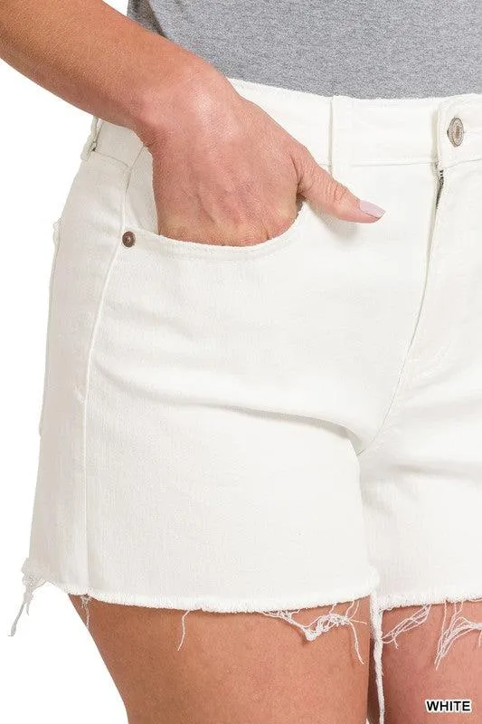 Zenana Raw Hem White Denim Shorts